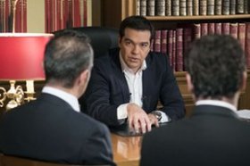 A handout photo made available by the Prime Minister’s office shows Greece’s Prime Minister Alexis Tsipras during his interview for ERT state television on July 14, 2015.